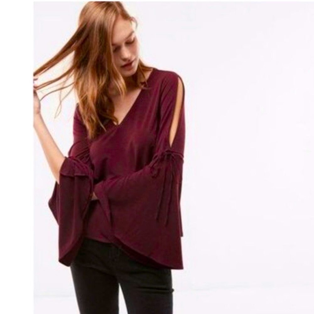 Express Maroon Bell Sleeve V-Neck Blouse